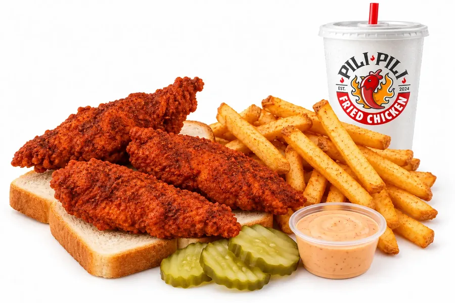 Three fried chicken tenders with seasoned fries, toast, pickles, House Sauce and a drink