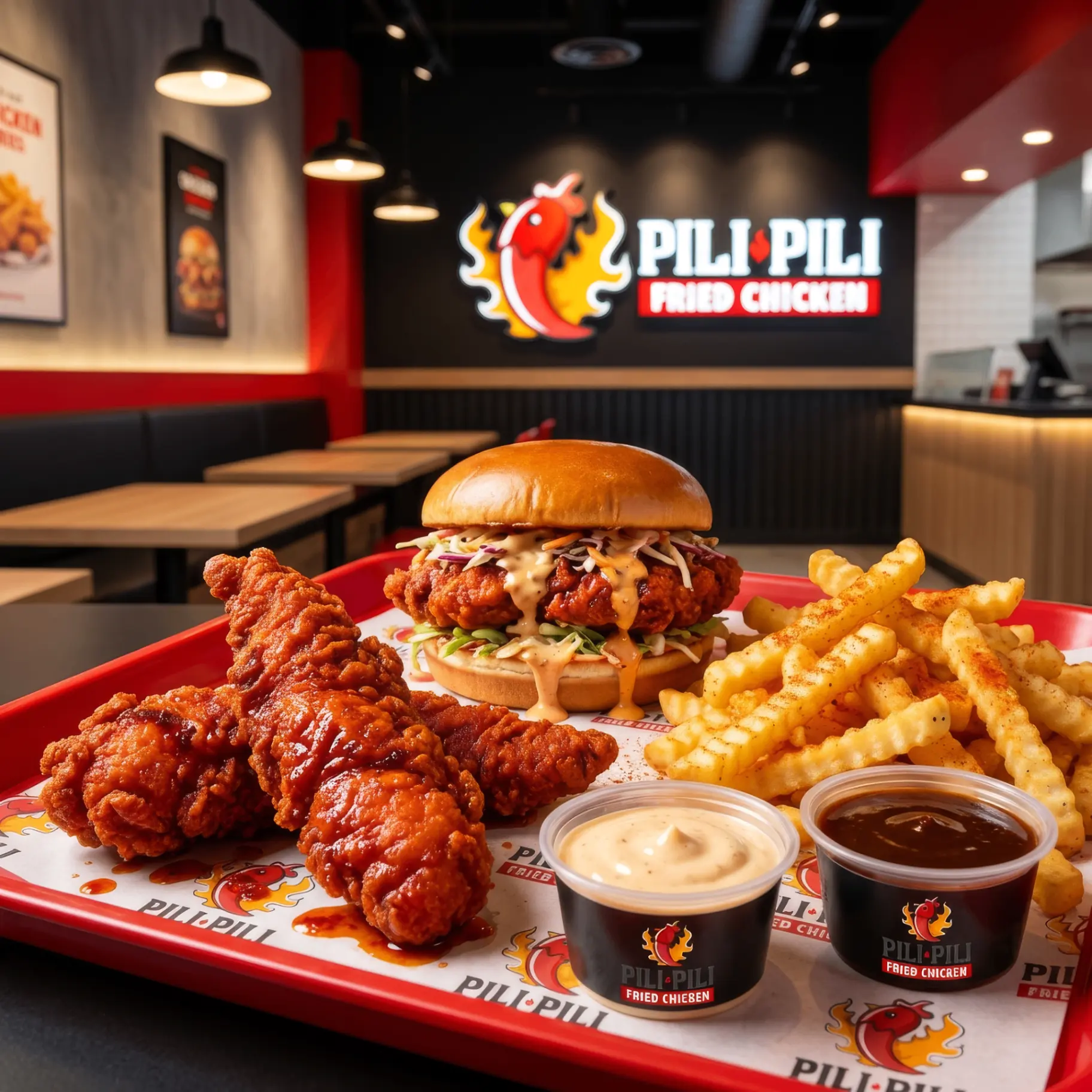 Fried chicken sandwich, tenders, fries and sauces in front of the lit Pili Pili sign